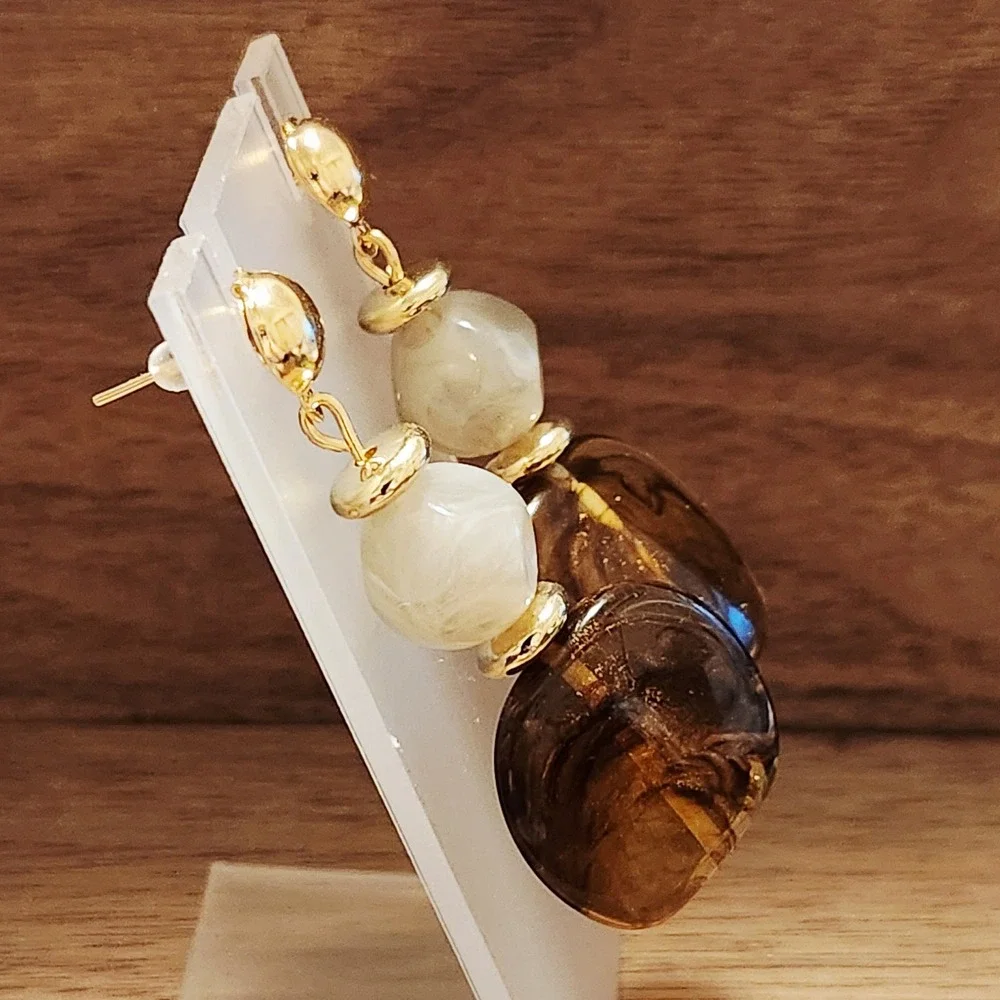Amber Marbled Resin Drop Earrings‎ Gold Tone Ball Stud Dangle Bohemian Jewelry